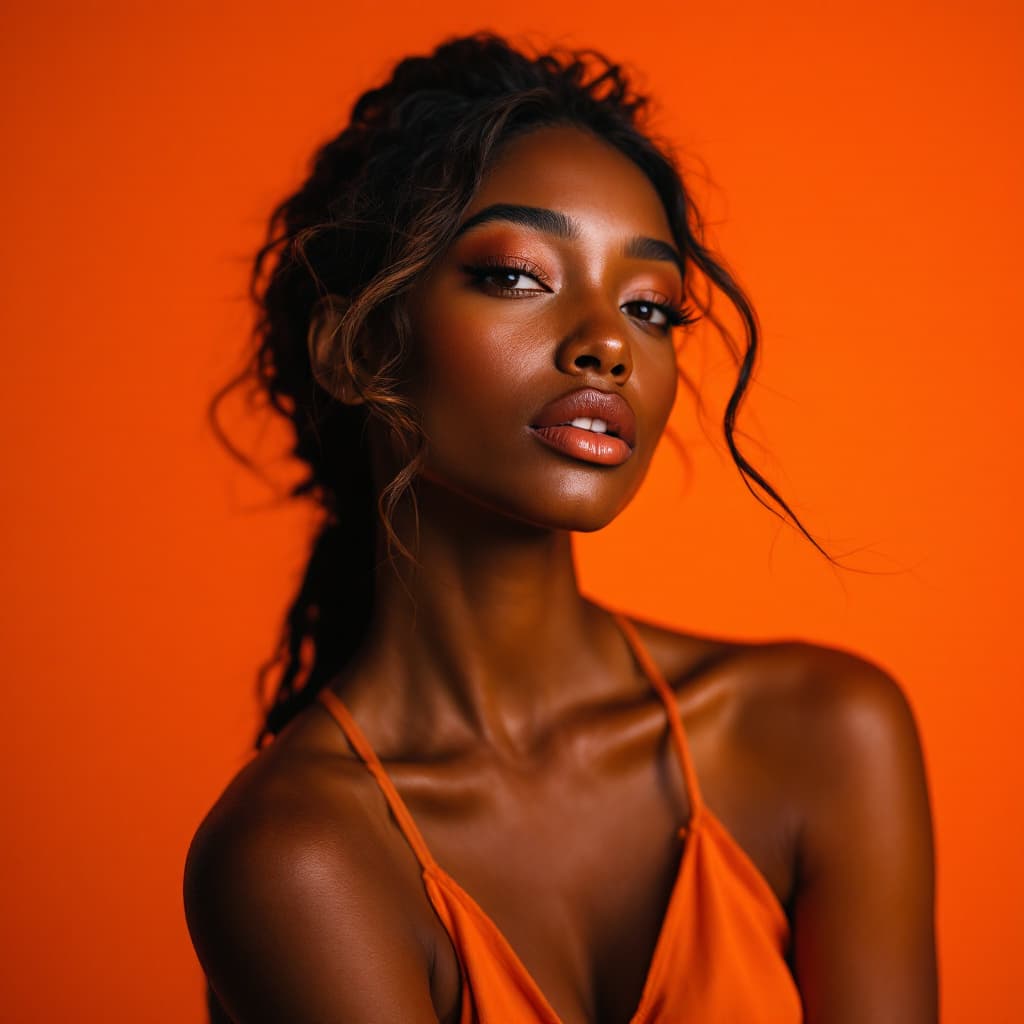 AI generated: photography, orange tone, female model light brown skin, solid orange background, using a camera set...