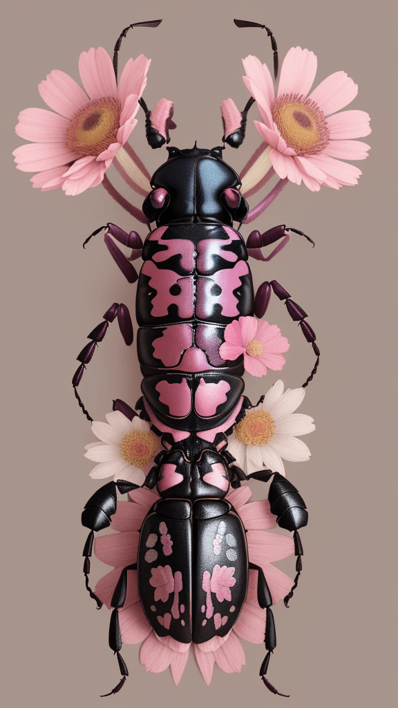 AI generated: floral beetle wearing a (long:1.2) pink (scarf:1.3), a beetle with arms and a head, (dark shot:1.17)...