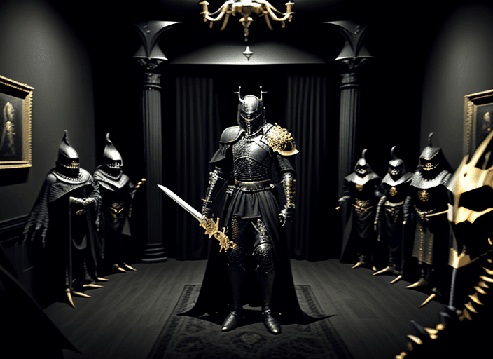 AI generated: spooky vibes black knight with gold sword at his side in a darck room. with monsters surrounding him...