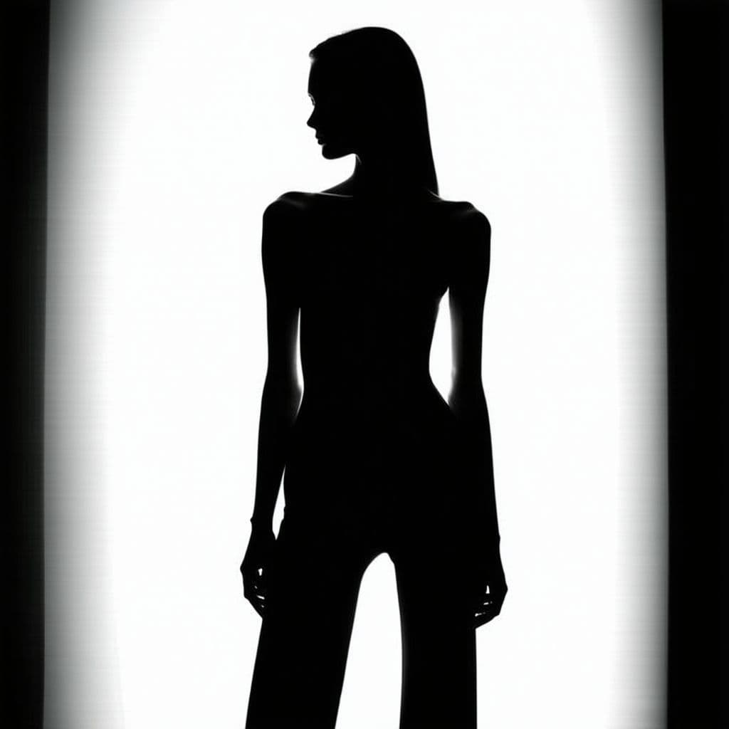 AI generated: black and white photography, fashion editorial, a figure of beautiful woman silhouette stands before...