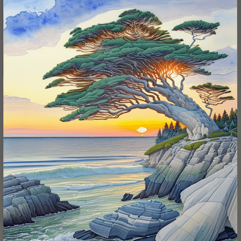 AI generated: a painting of a tree sitting on top of a rock, a watercolor painting, inspired by Arthur Lismer, cg ...