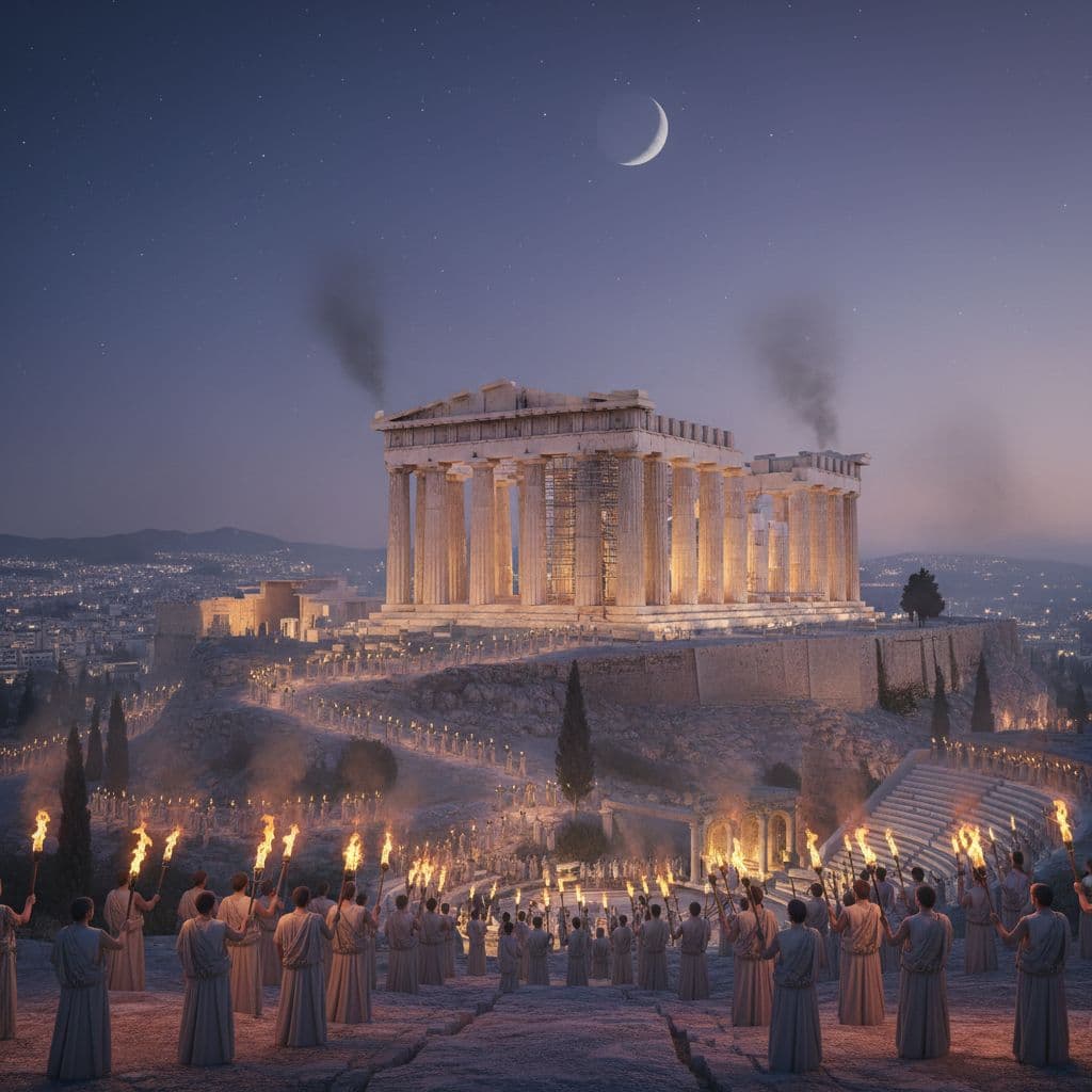 AI generated: 3D photorealistic view of the Acropolis in Athens during a festival, torches illuminating marble tem...