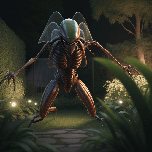 AI generated: alien mosquito attacking humans in a garden evening cinematic, hyper realism, high detail, octane re...