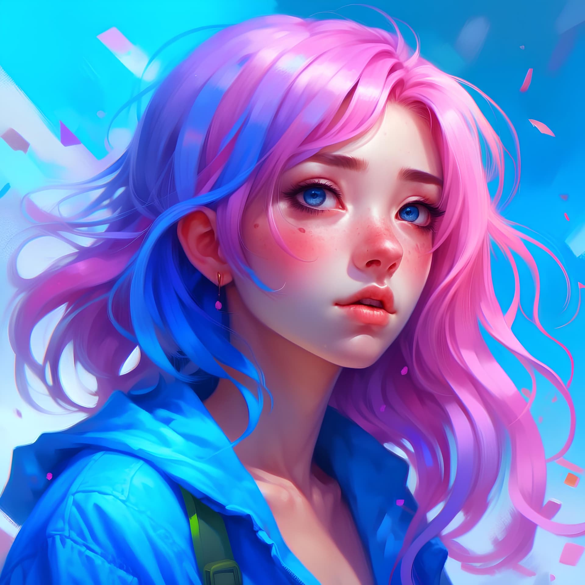 AI generated: a drawing of a girl with pink and blue hair, a digital painting, pixiv, detailed painting 4 k, krenz...