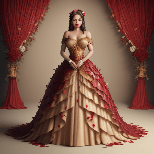 AI generated: A full body photorealistic beautiful dress made entirely of leaves with gold apple texture, rose pat...