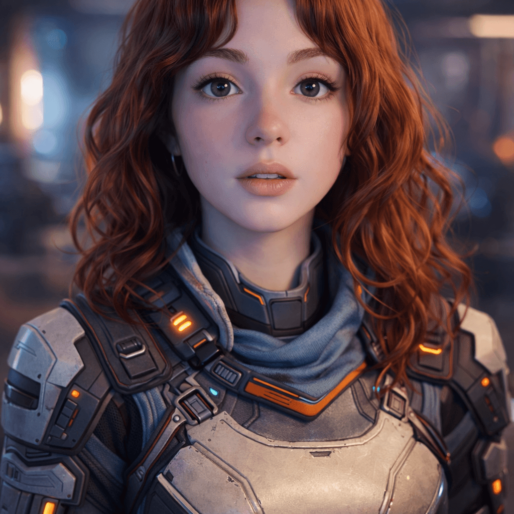 AI generated: Create a waist-up portrait of a young woman based strictly on the facial features of the provided ph...