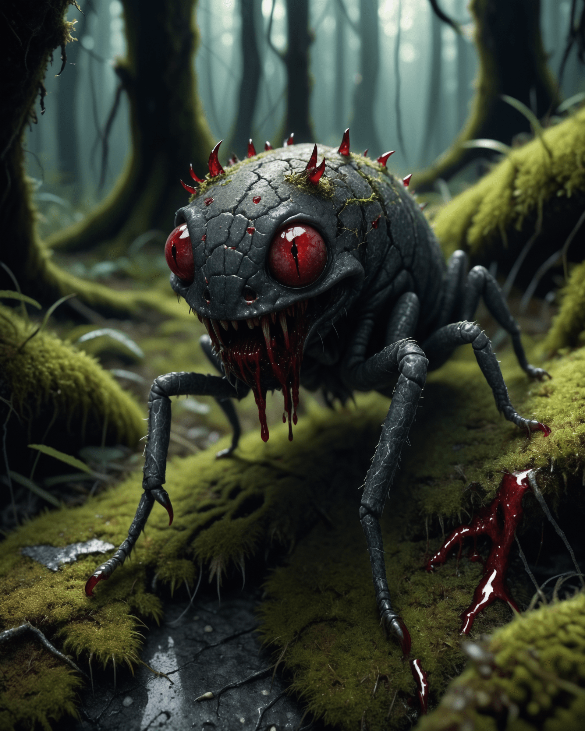 AI generated: close-up photo of a very small highly detailed scary creature crawling in the forest, cracked surfac...