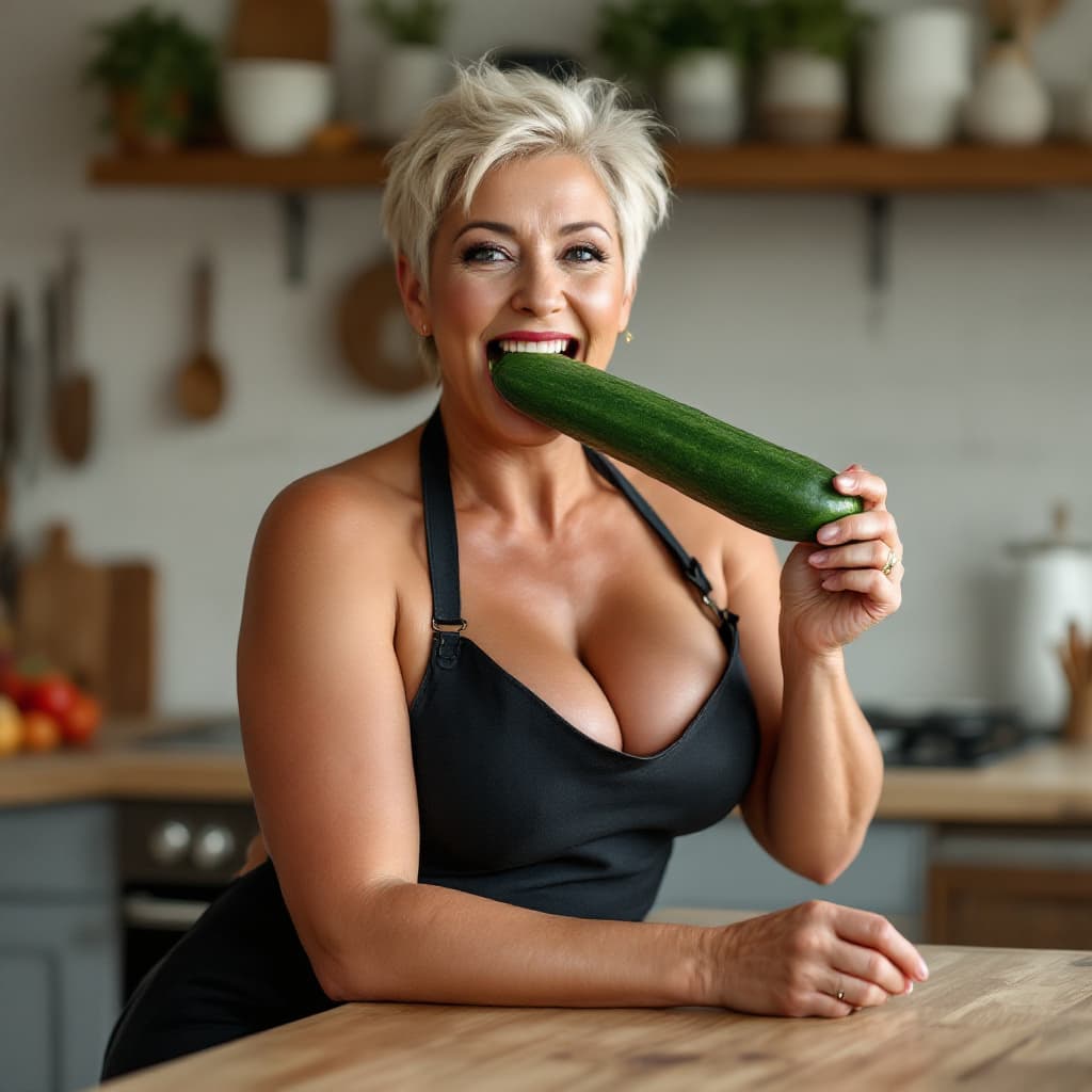 AI generated:  50 years old mature woman, curve muscle    body, blonde pixie hair, wearing only black apron  in th...