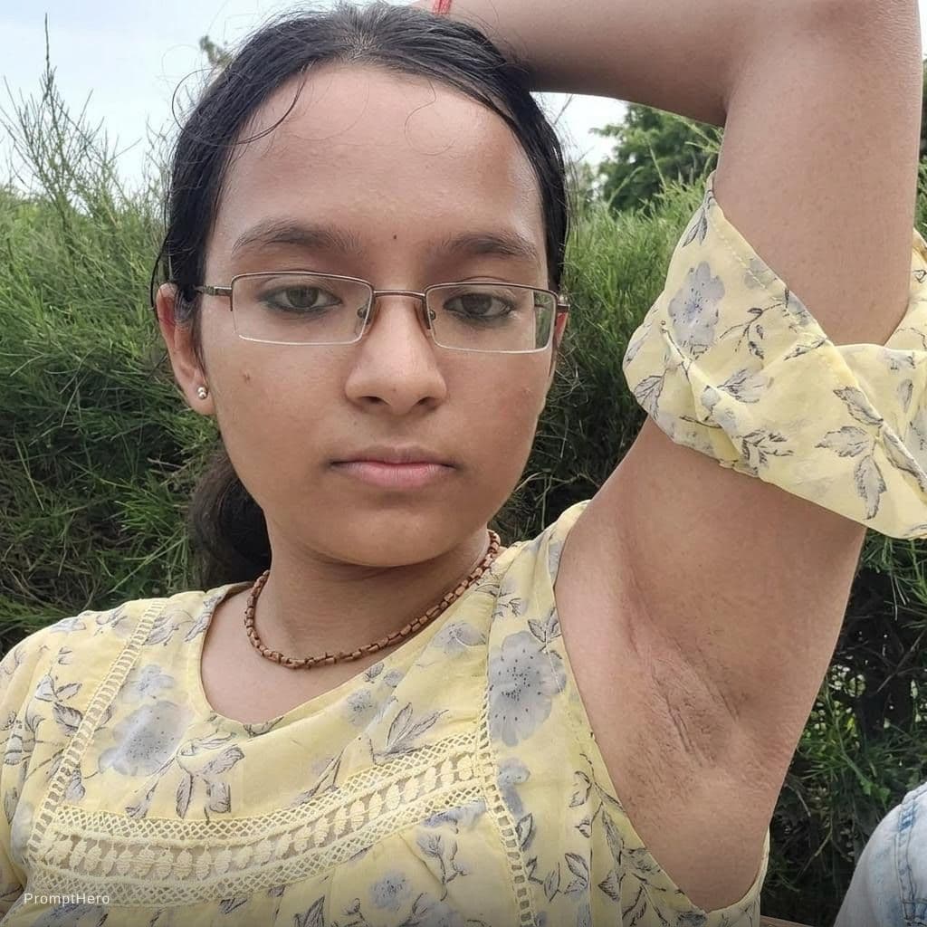 AI generated: She shows her armpit closeup and her face shown