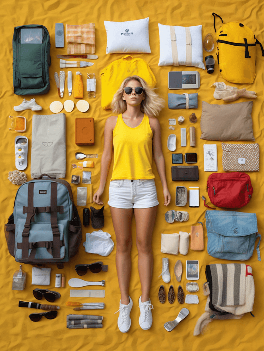 AI generated: Description with knolling parts, fashion girl, Full body, one American girl, wearing beach, sunglass...
