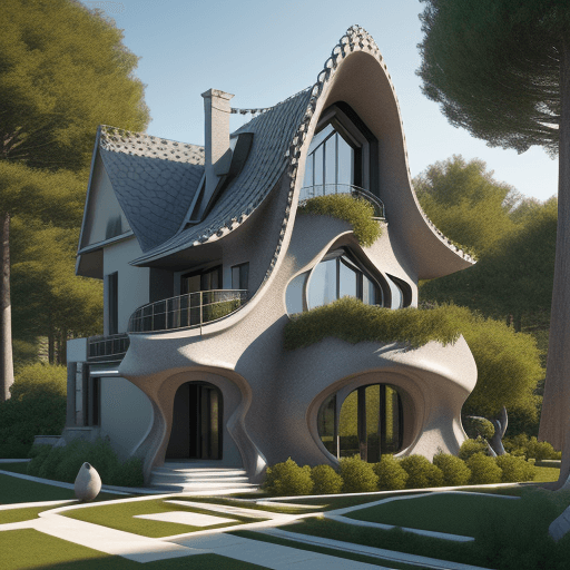AI generated: expansive view + photo realistic + 3D rendering + modern house + bookcase statue + book sculpture + ...