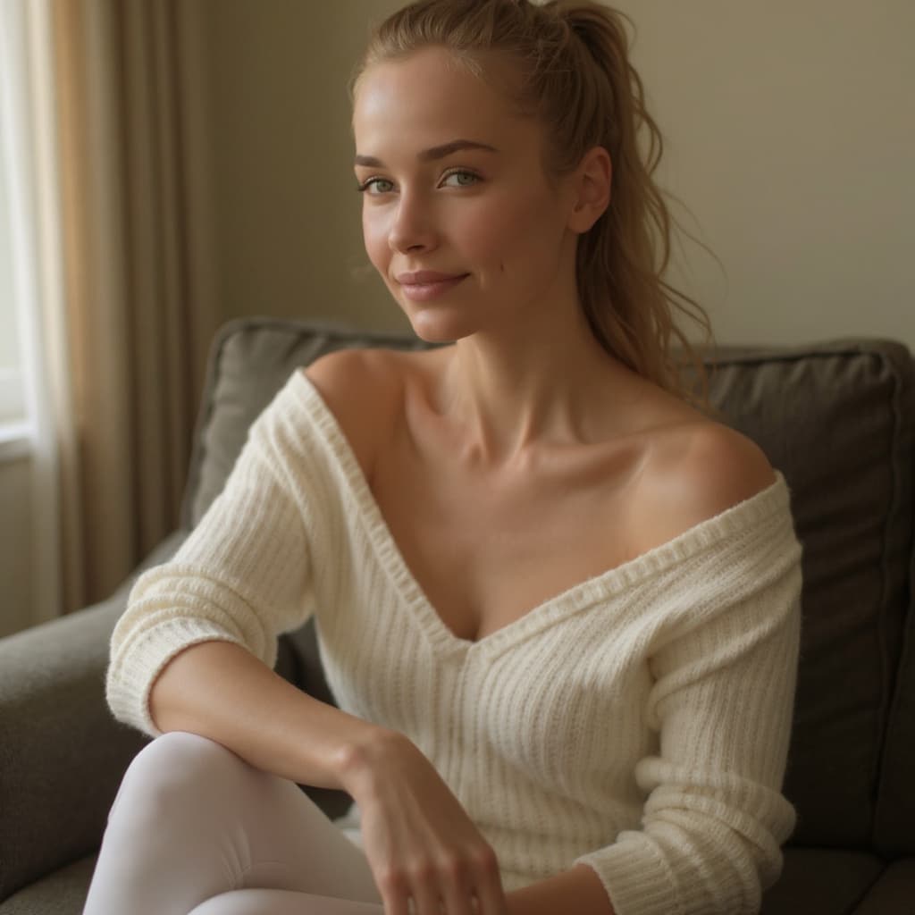 AI generated: fantasy art, woman , young, messy ponytail dark blonde hair, grey  eyes, sitting on sofa, small brea...