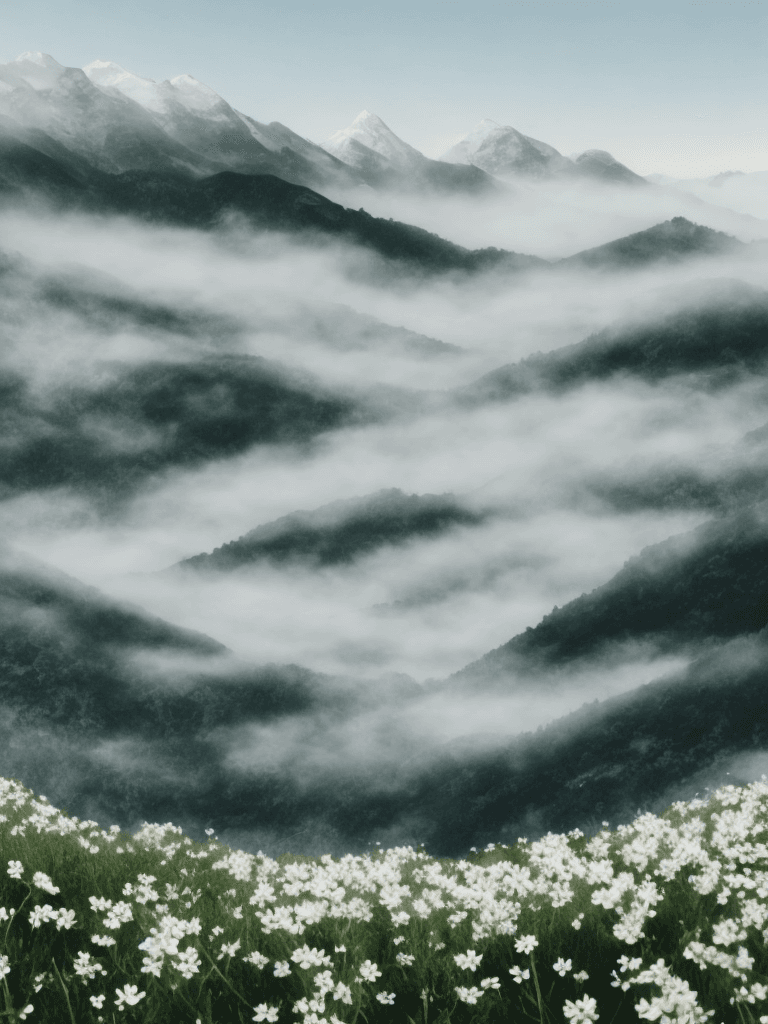AI generated: Mountains with fog and small white flowers, graphic
