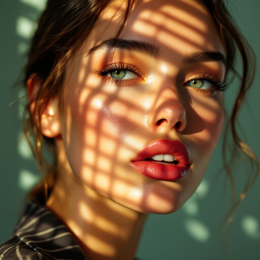 AI generated: Close-up portrait of a young supermodel illuminated by soft, warm afternoon light streaming through ...