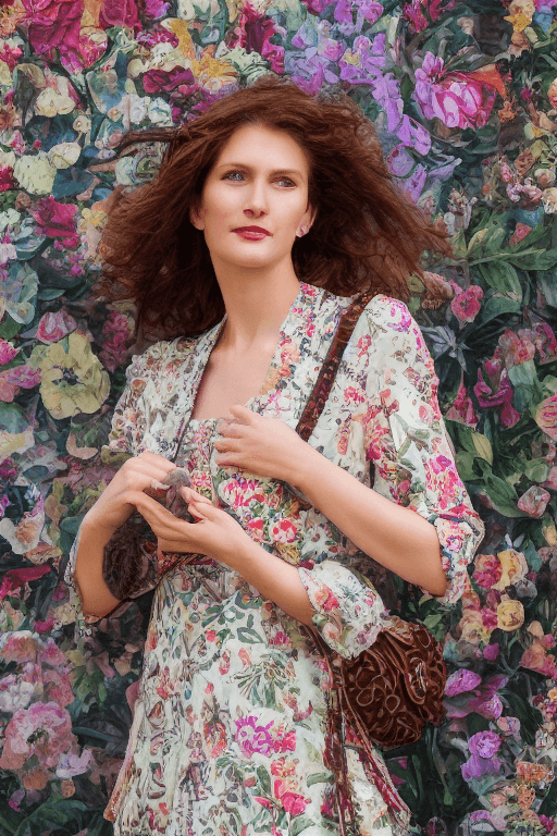 AI generated: Close-up portrait of mix of European lady, floral printed clothing, extremely high-quality photograp...