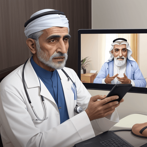 AI generated: An old arab male in a video call with a male arab doctor on a mobile phone