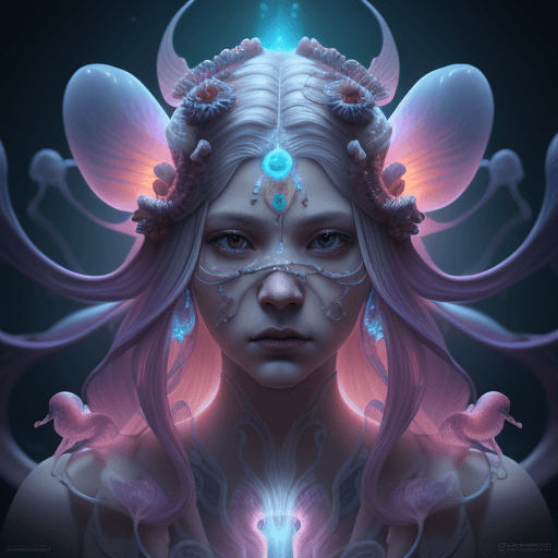 AI generated: Goddess close-up portrait ribcagel. jellyfish phoenix head, nautilus, orchid, skull, betta fish, bio...