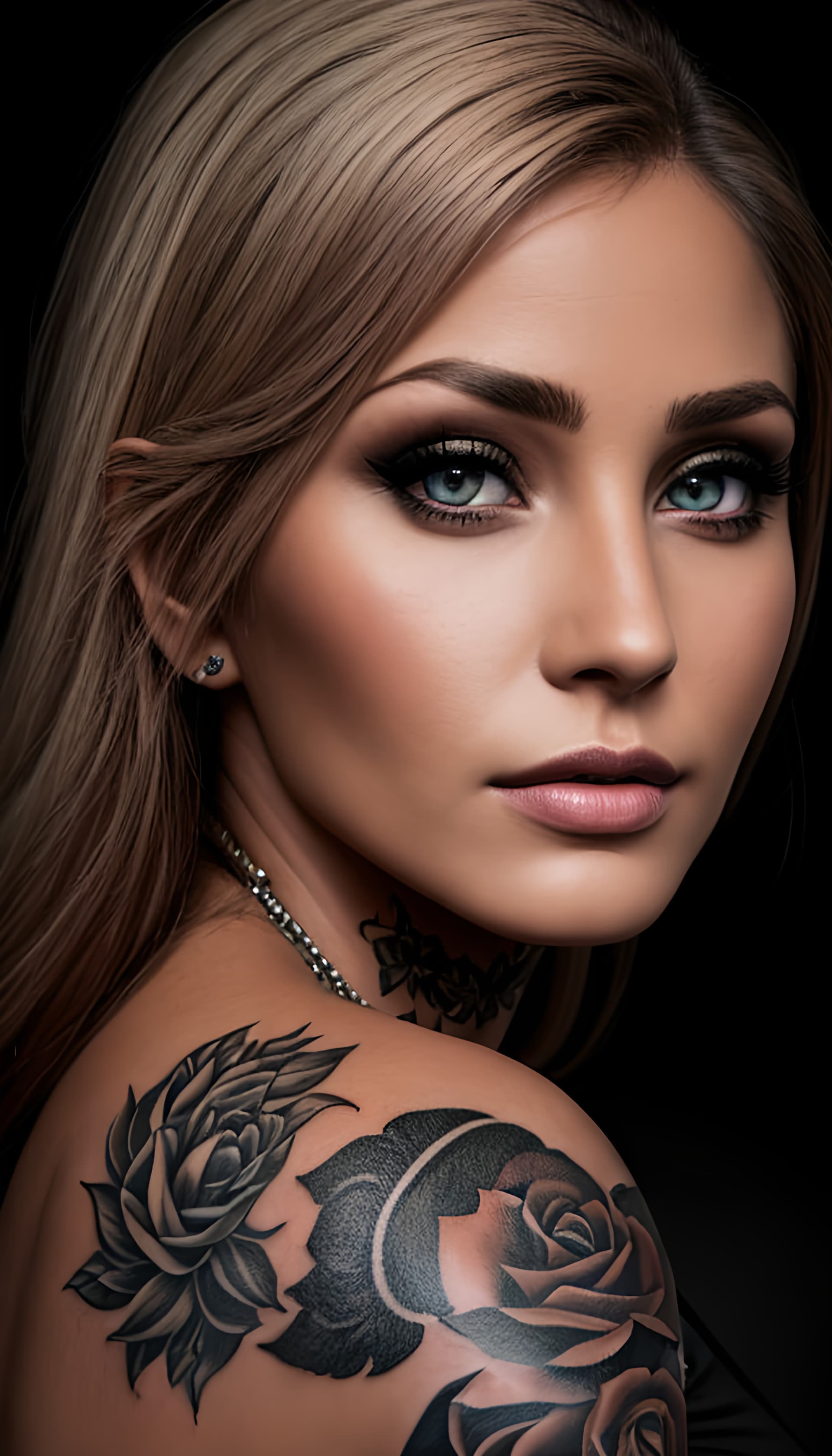 AI generated: Tattooed Female Portrait, With Light Blue Eyes, Visible Tattoos, Digital Photography, Raw format, 8k...
