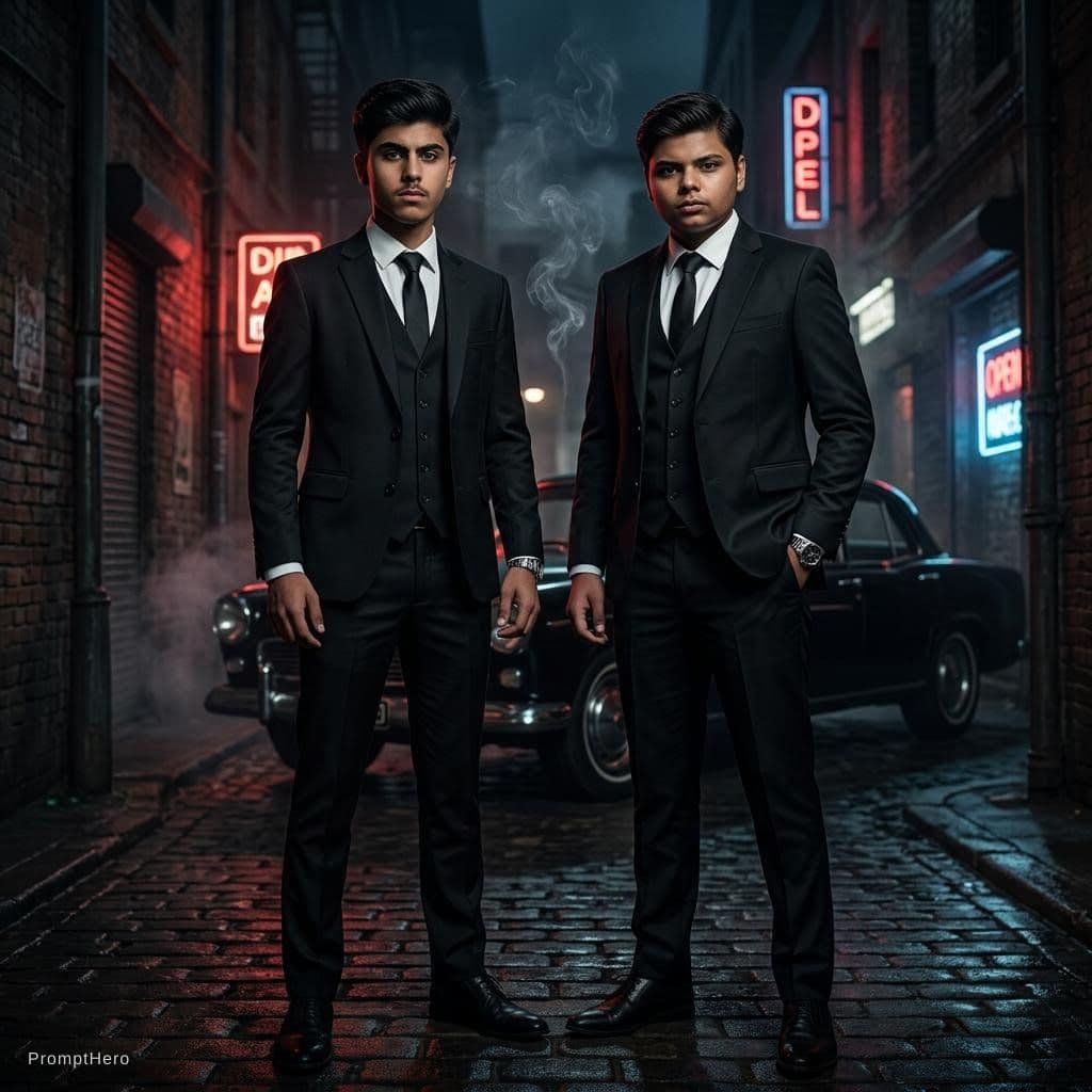 AI generated: “Two best friends in powerful mafia style, wearing matching black three-piece suits with luxury blaz...