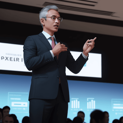 AI generated: 3.	an executive dressed man standing at a podium in front of thousands of people, pexels, happening,...