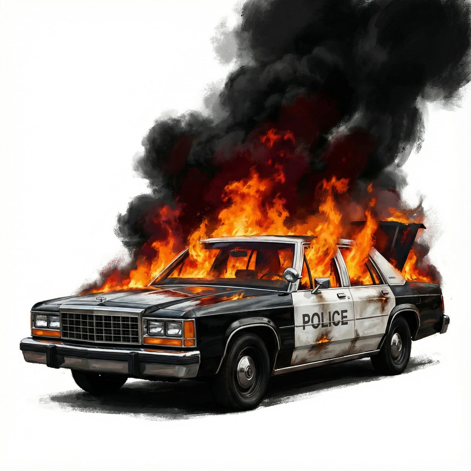 AI generated: A realistic cinematic illustration of a classic black and white police car (Crown Victoria style) en...