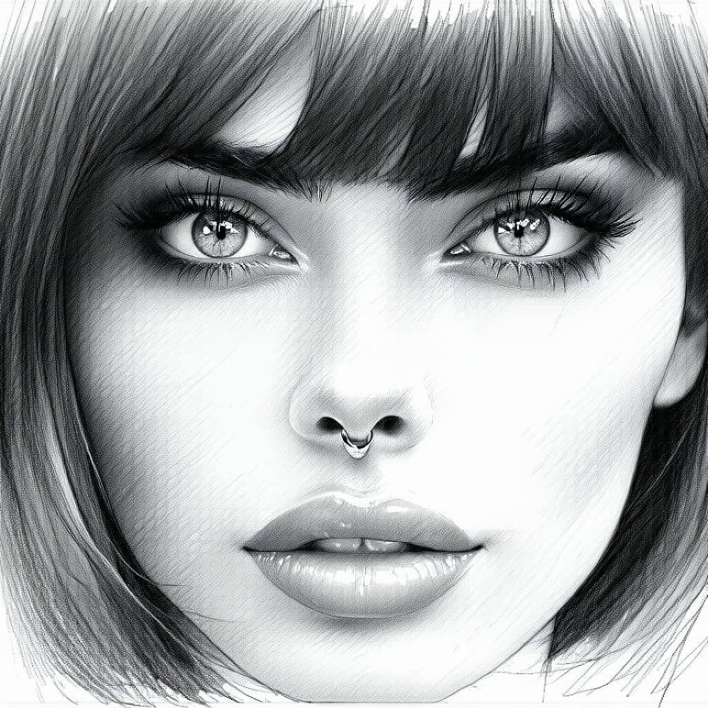 AI generated: A captivating close-up of a woman with piercing, almond-shaped eyes and bold. asymmetrical bangs fra...