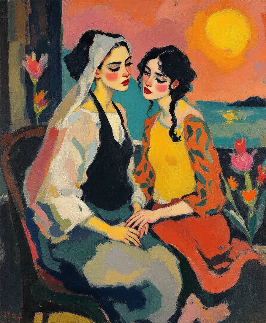 AI generated: Obra-prima, ('Duas Irmãs (No Terraço)' de Pierre-Auguste Renoir em 1881), inspirada nos estilos expr...