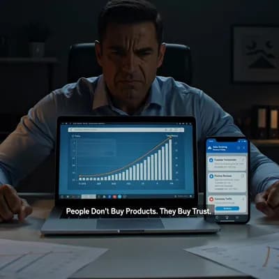 AI generated video: Cinematic business psychology documentary, ultra-realistic, 4K. A stressed business owner sits alone...