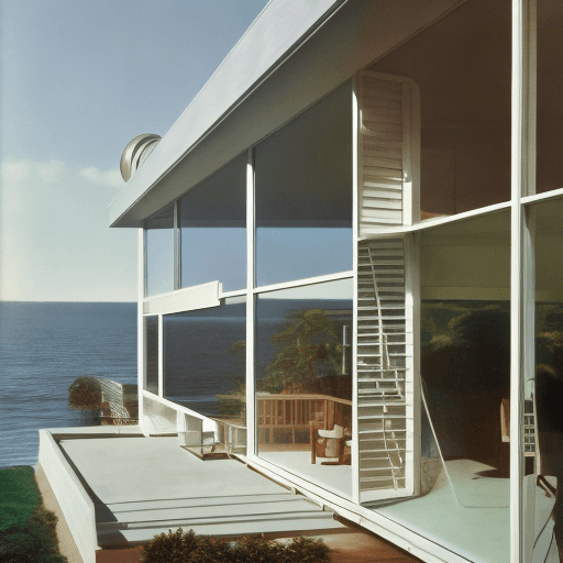 AI generated: Hyper realistic eye level exterior photo of a mid century modern style house overlooking the ocean, ...