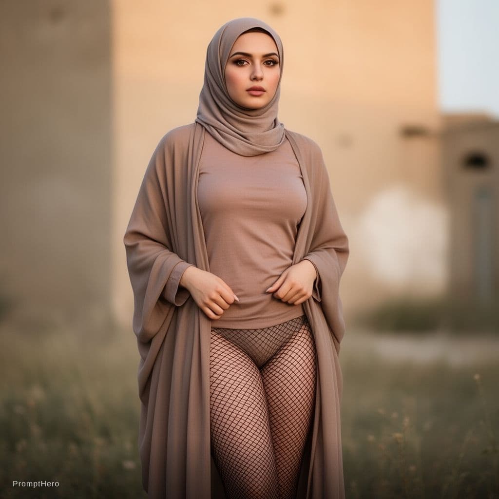 AI generated: Beautiful hijab girl with open chador showing big boobs with fishnet 