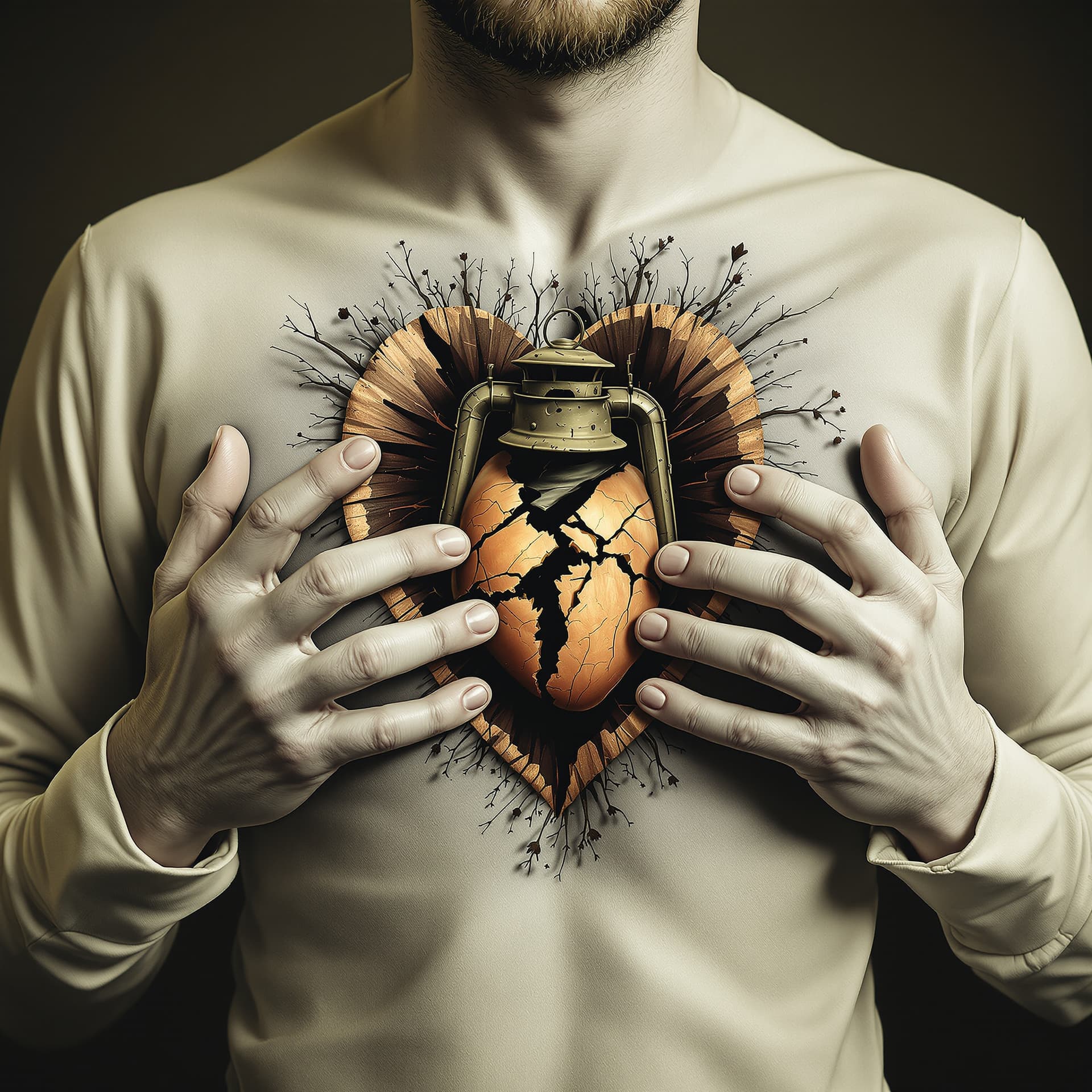 AI generated: An artistic simulation of a man holding his chest open with his hands and inside the heart is a brok...