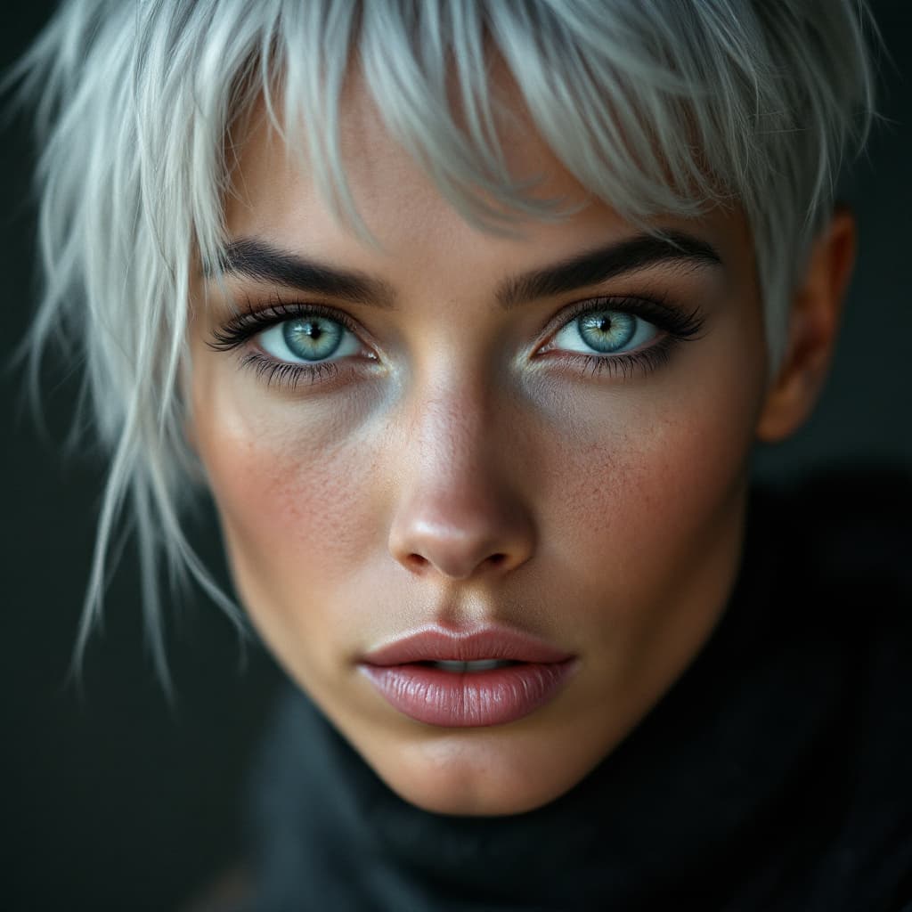 AI generated: A close-up color portrait of a very pretty woman with silver hair styled excessively short like a ma...