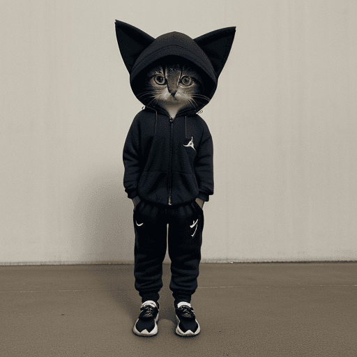 AI generated: photo of cute adorable happy anthropomorphic kitten wearing jogging suit and Nike Jordan Why Not.6 w...
