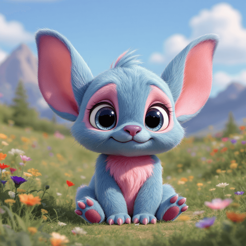 AI generated: 3D render of a cute blue and pink baby creature with big ears sitting in a field, with big eyes, flu...