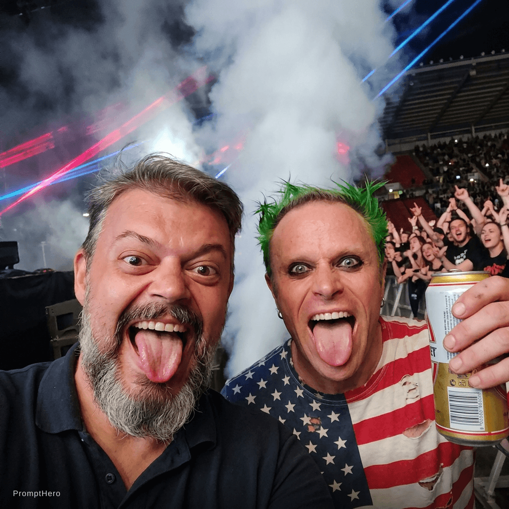 AI generated: With Keith Flint backstage during a concert. image in 9:16 format. smoke and laser beams behind us, ...