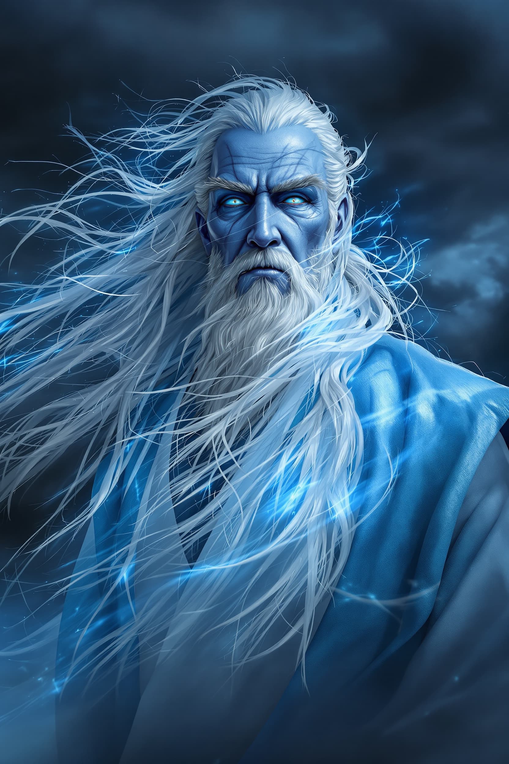 AI generated: Photo of a ultra realistic portrait, dramatic light, middle aged male humanoid, sky blue skin tone, ...
