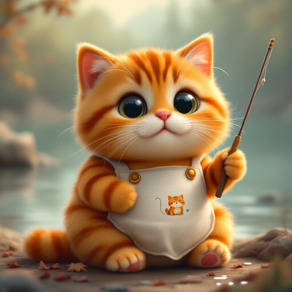 AI generated: "A cute, chubby orange tabby cat with dark orange stripes, wearing a white apron with a small cartoo...