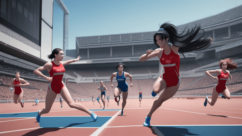 AI generated: the image is a modern and vibrant athletics scenario. 12 runners, both male and female interspersed,...