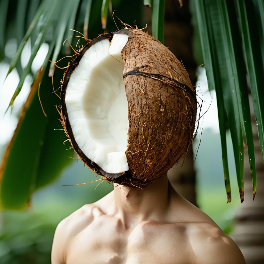 AI generated: Human who looks like half cut coconut, softer from inside and hard from outside