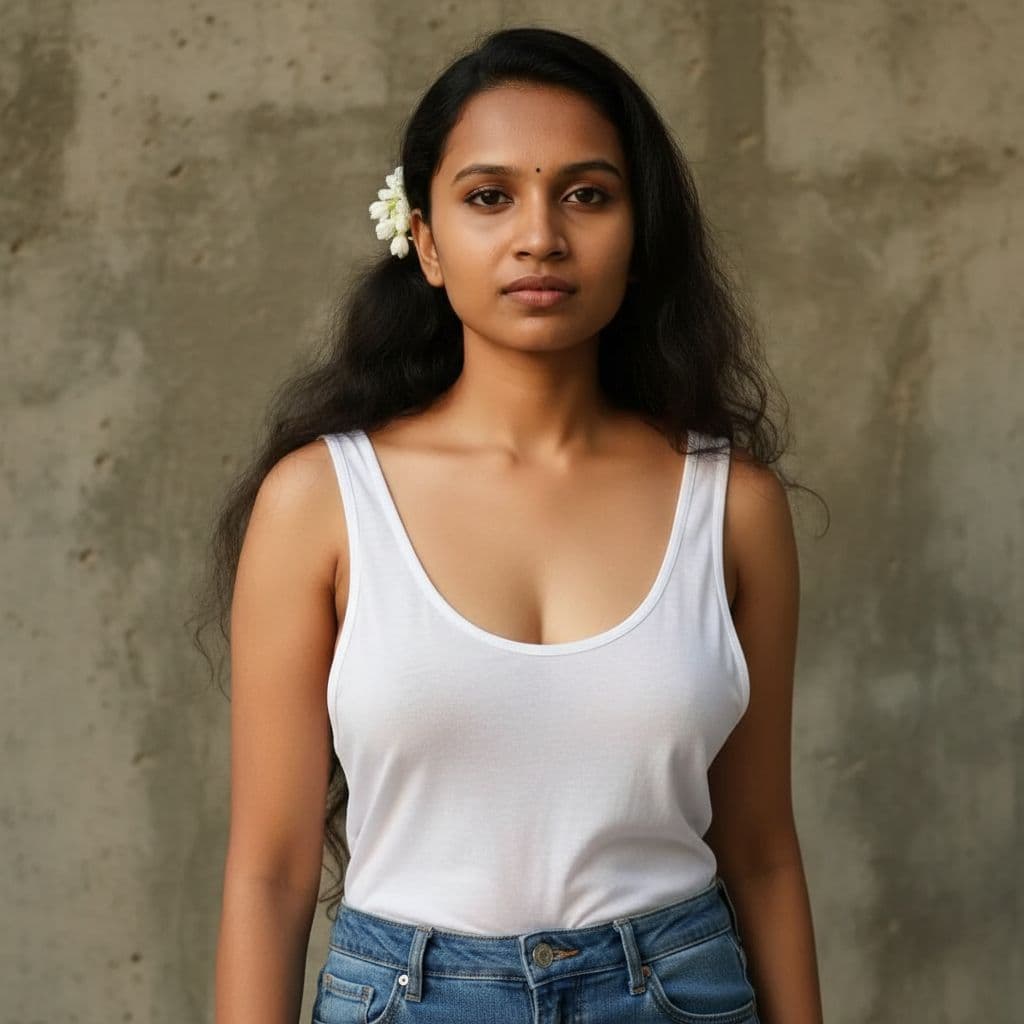 AI generated: A woman with long brunette hair and fair skin is captured in a candid moment. She's wearing a very l...
