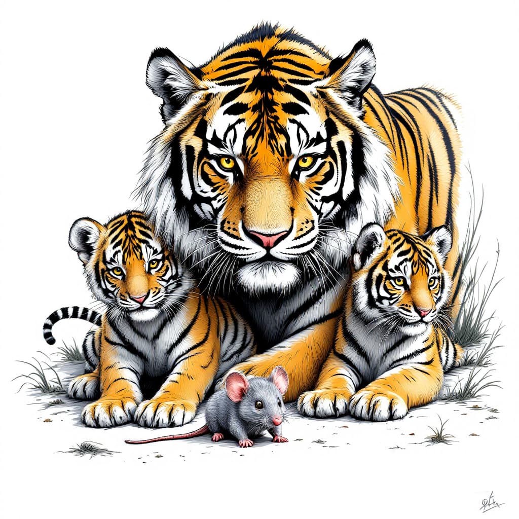 AI generated: A tiger and two tiger cubs, and a big mouse,ferocious, detailed,full-body shots，ink style