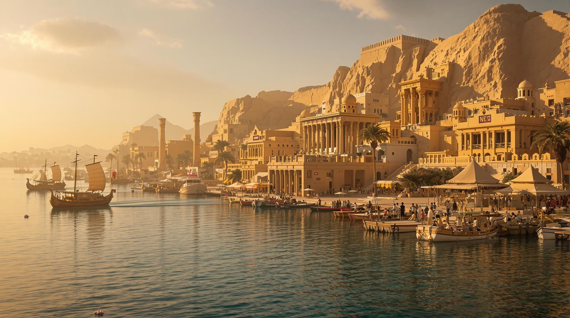 AI generated: The year is 300 BC (all people with ancient egyptian etire)
- The Great Palace complex with limeston...