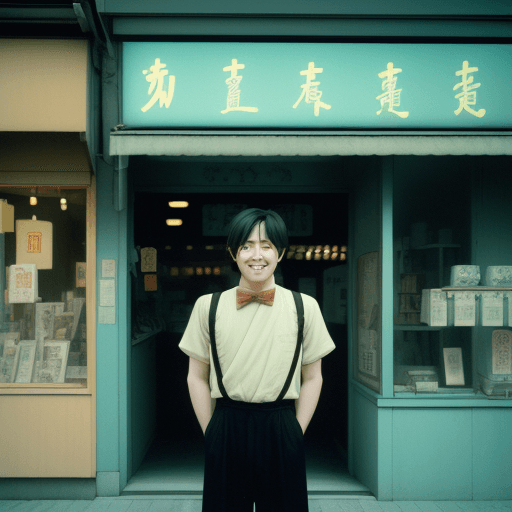 AI generated: a smiling man standing in front of a shop, in the style of shige's visual aesthetic style, low speed...
