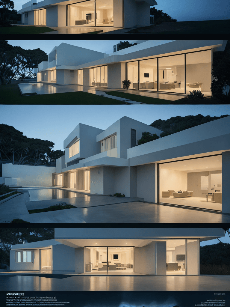 AI generated: Hyper realistic eye level exterior photo of a modern style house overlooking the ocean, night time, ...