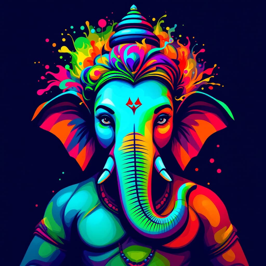 AI generated: digital art, portrait Lord Ganesha flat color, straight-on, focus on the upper body, whirl of abstra...