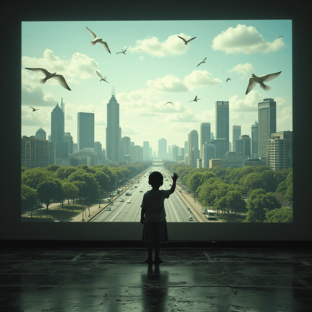 AI generated: At the border of a containment district, a child stands before a forgotten environmental projection ...
