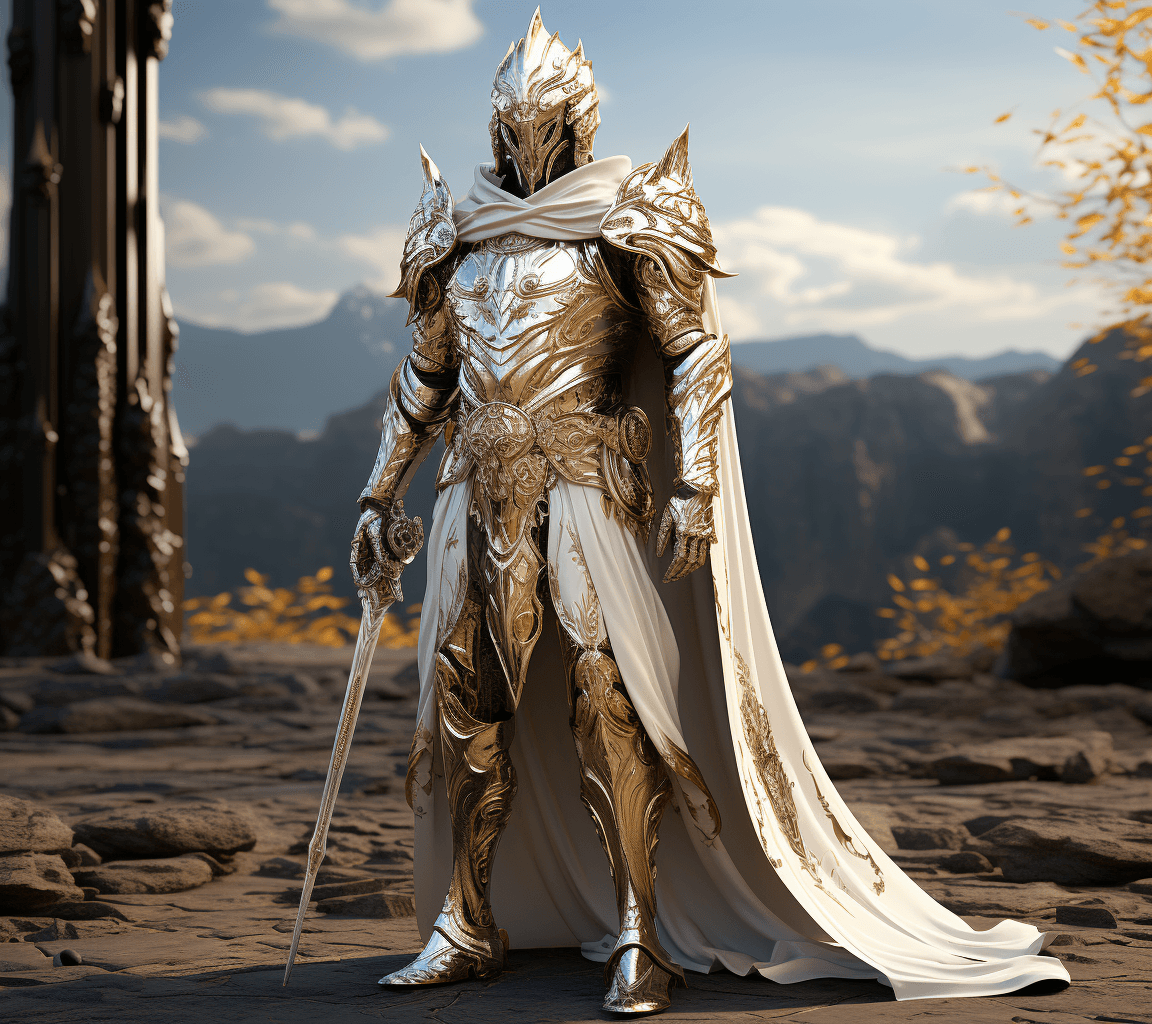 AI generated: the main character in a medieval fantasy roleplaying game is holding his sword, in the style of rend...
