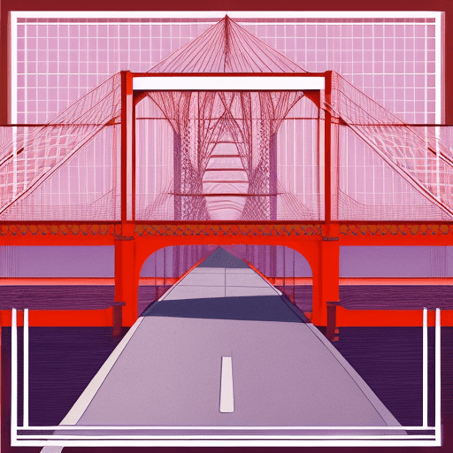 AI generated: a drawing of a Bridge, in the style of lilac and red orange, grid work, vintage aesthetics, post-int...