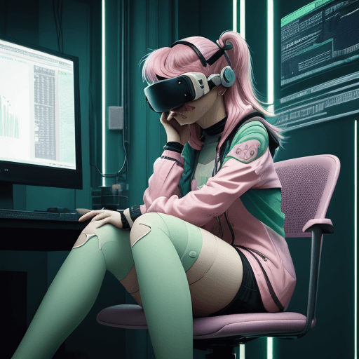 AI generated: An illustration of a  girl with pink hair, in the style of Flat shading,sitting inside a research la...