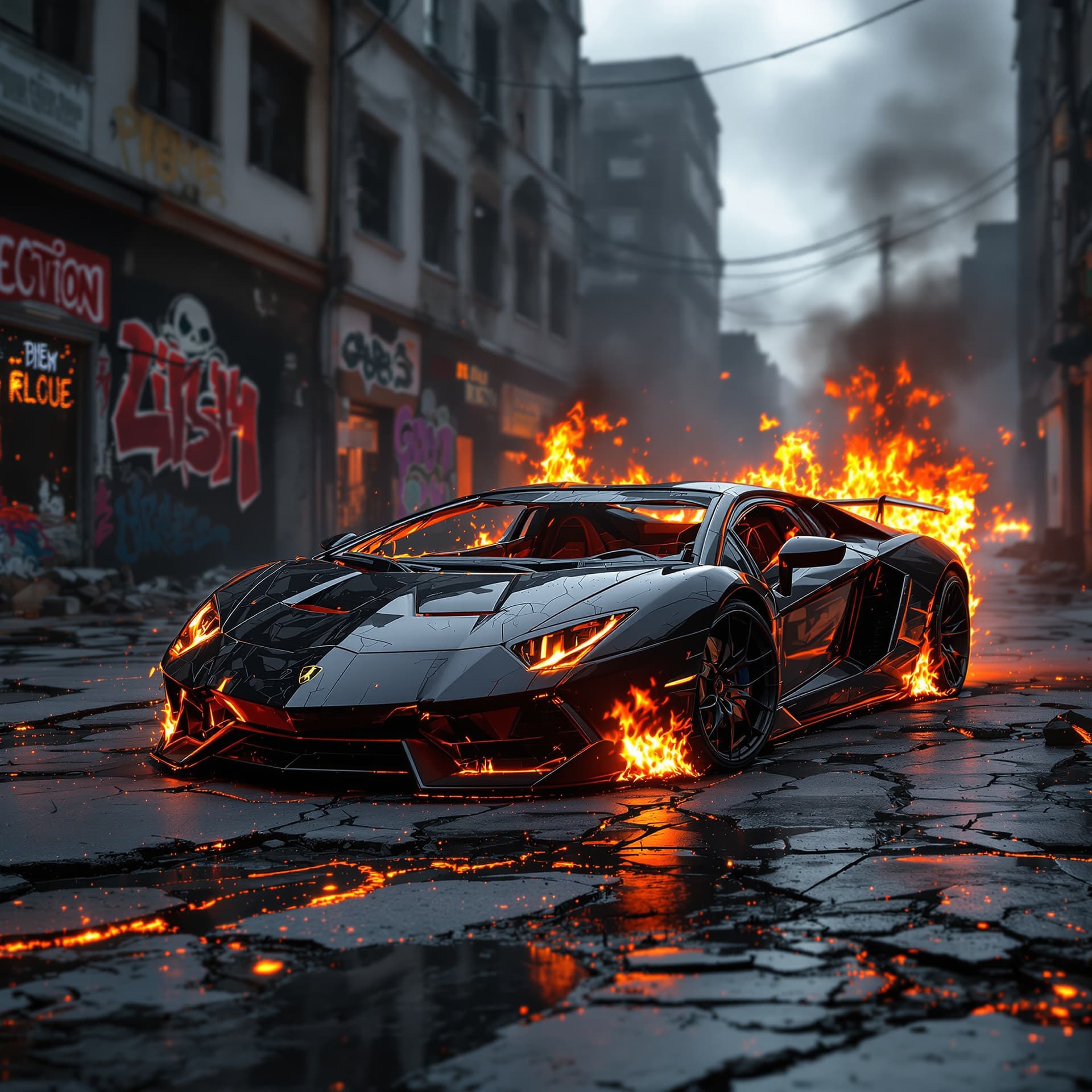 AI generated: a destroyed abandoned shiny black Lamborghini with cracked headlights and broken windows is totally ...